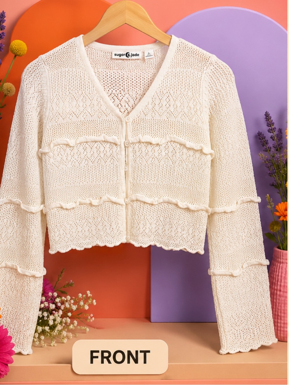Sugar & Jade Cream Cropped Knit Ruffle-Trim Cardigan